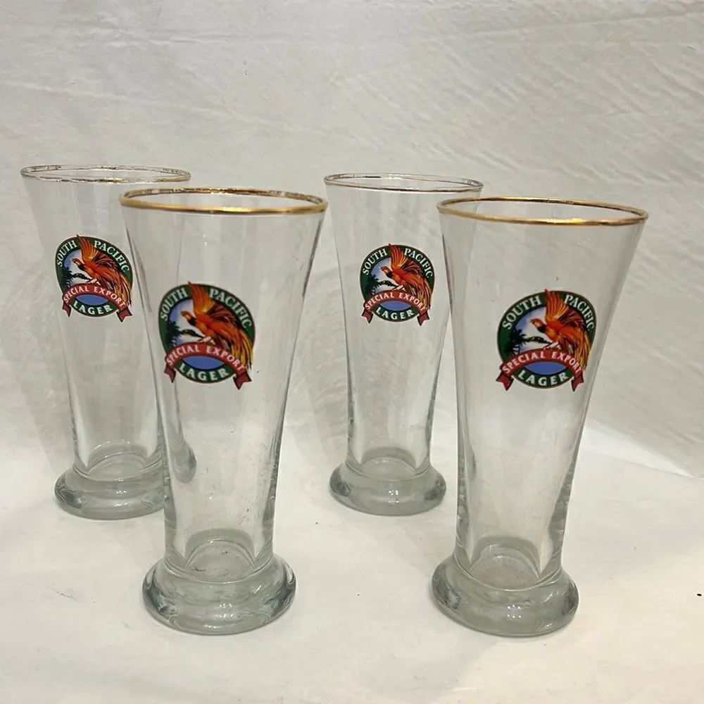 South Pacific Lager Special Export Beer Glasses 12 Oz Each Set 4 Gold Trimmed